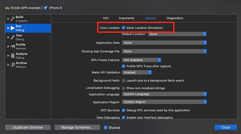 Allow Location Simulation in Edit Scheme