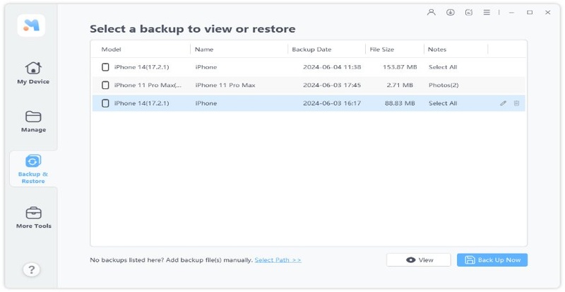 Click to view or restore backups