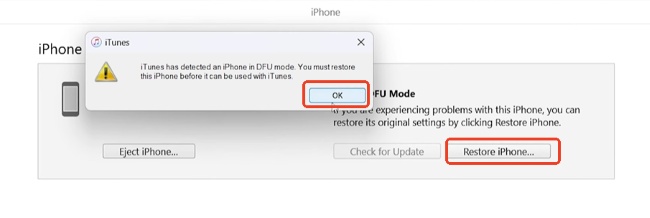 اكتشاف وضع DFU والنقر على استعادة iPhone