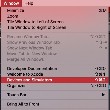 Menü Devices and Simulators mit Tastenkombination