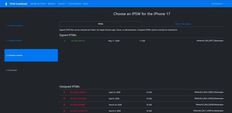 تنزيل البرنامج الثابت لنظام iOS 26 من IPSW.me
