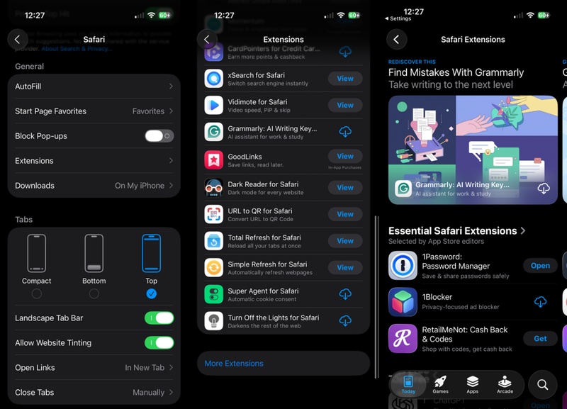Enable Safari extension via iPhone settings