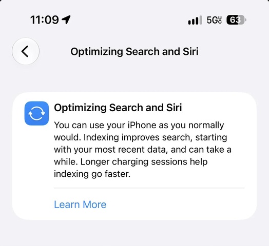 搜尋索引會在 iPhone 本機重新建立