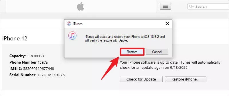 منبثق خفض إصدار iOS 26 يعرض الاستعادة