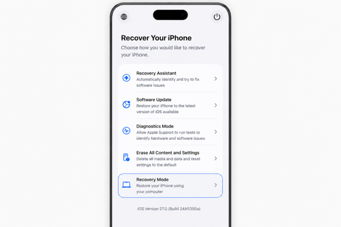 iPhone Recovery Mode screen for downgrading iOS 27 to iOS 26