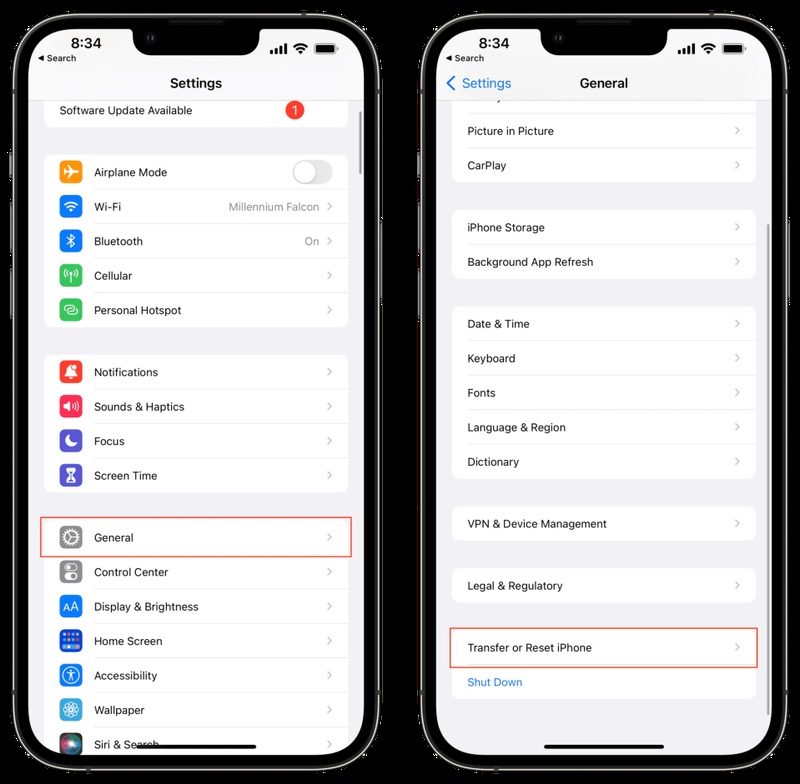 iPhone settings for transfer reset options