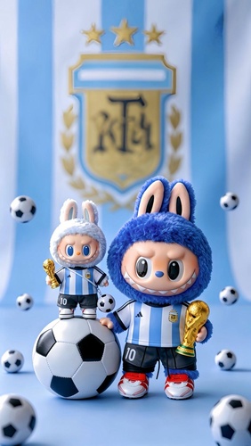 Labubu dolls in Argentina uniforms with trophy