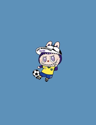 Labubu kicks ball mid-action energetically