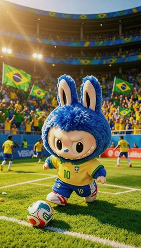 Labubu playing football with cheering fans