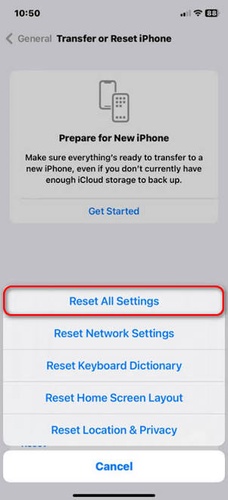 Menu option to reset all settings