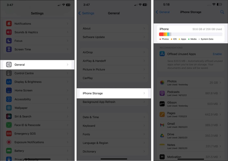 Navigate to iPhone Storage settings