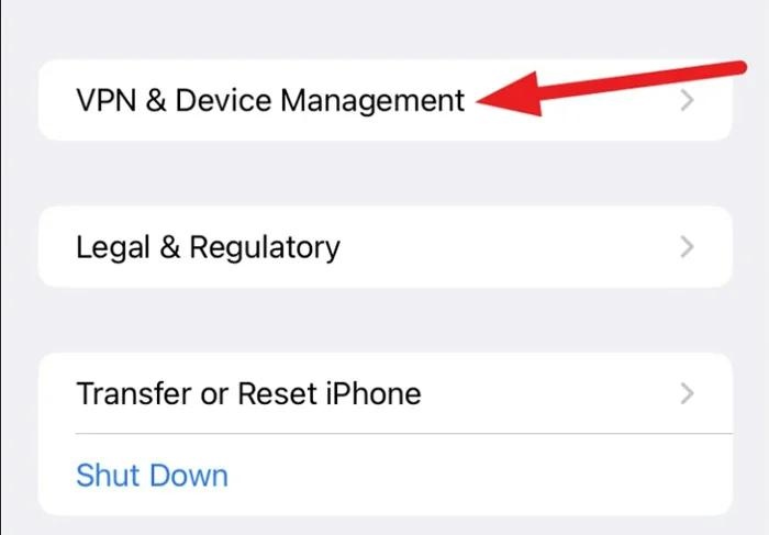 Open Settings General VPN Device Management
