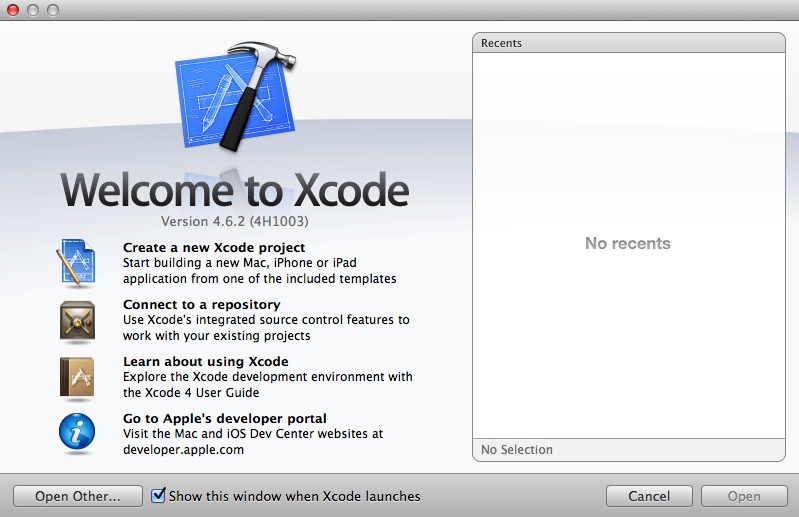 Xcode auf dem Mac ohne Projekt öffnen
