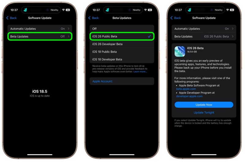 iOS 27 Beta Update auswählen