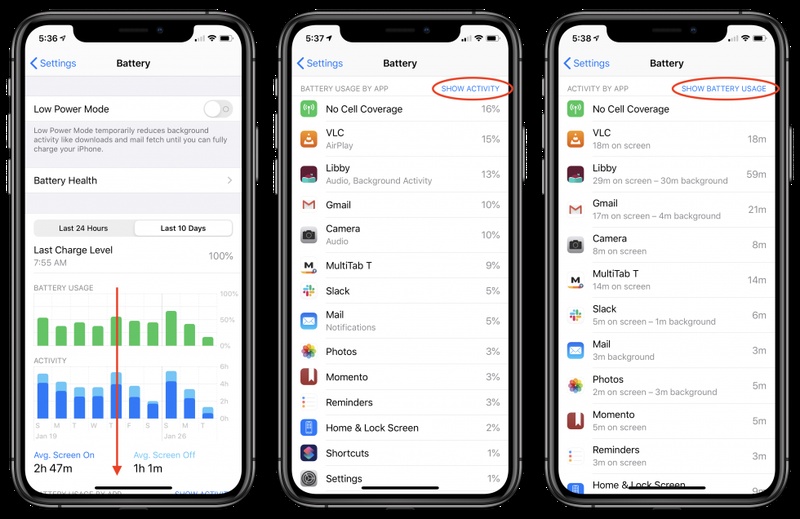 Settings battery activity shows usage