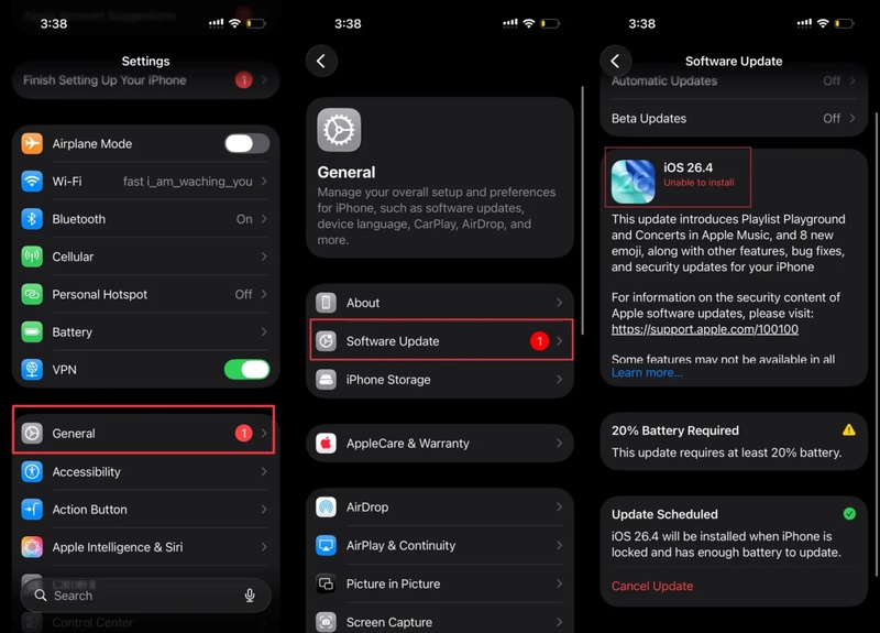 Software update settings installation instructions