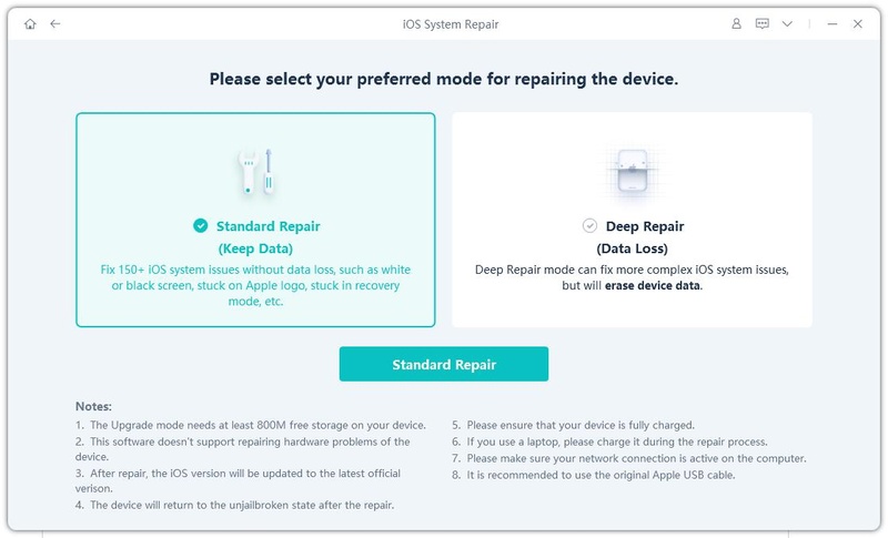 Standard Repair fixes iOS without data loss