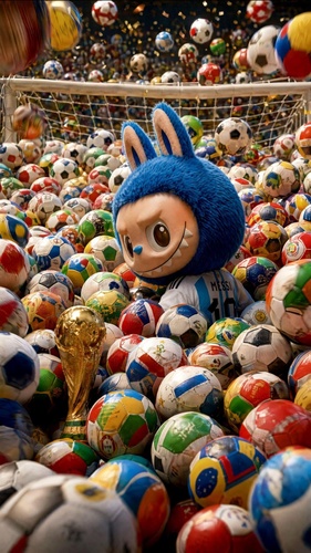Surprised Labubu in Messi jersey with footballs