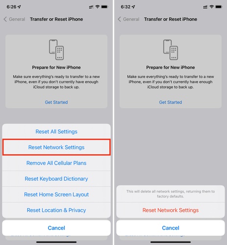 Tap Reset then select network settings