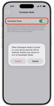 Für iOS 27 Beta auf Neustart tippen