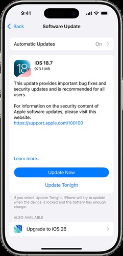 Tap Update Now for iOS 26