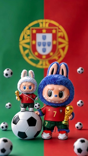 Two Labubu characters celebrate with trophy