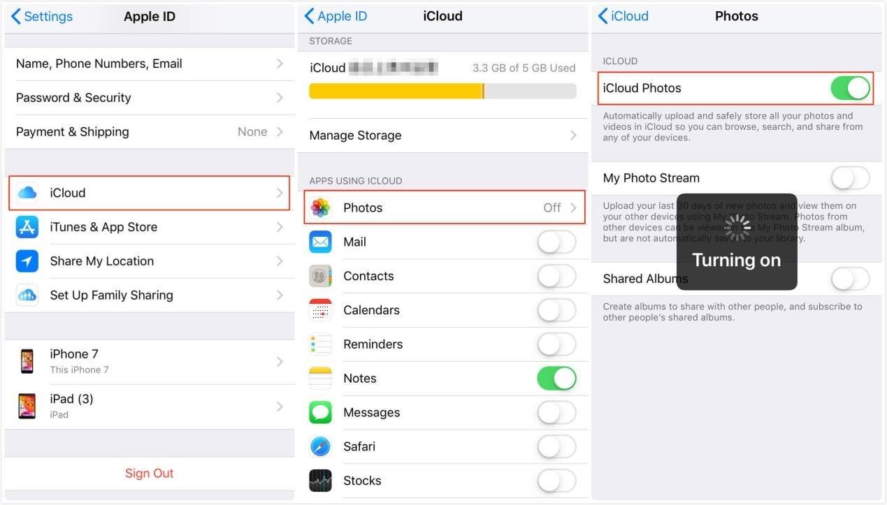 turn on icloud Photos for wireless transfer