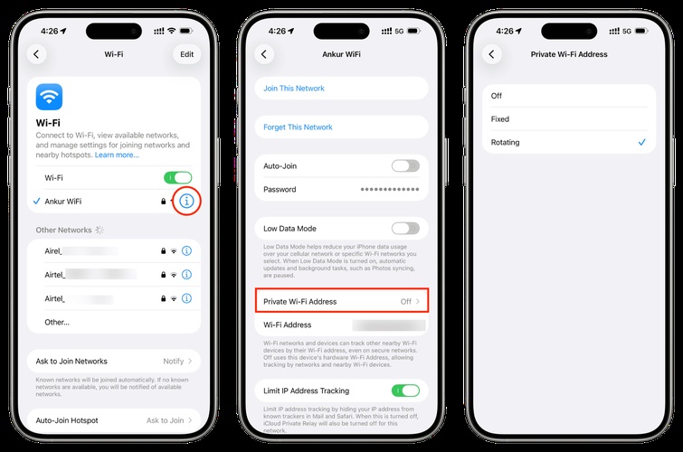 إلغاء تنشيط Wi-Fi الخاص ثم التحقق من جهاز التوجيه