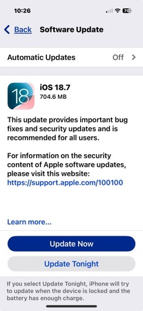 Navigating to software update in settings