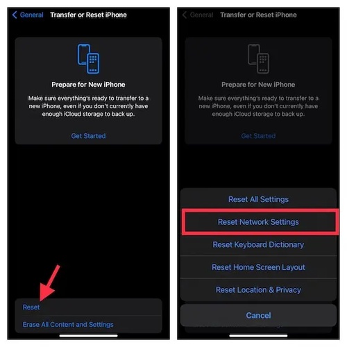 إعادة تعيين إعدادات الشبكة في iPhone من خلال الإعدادات