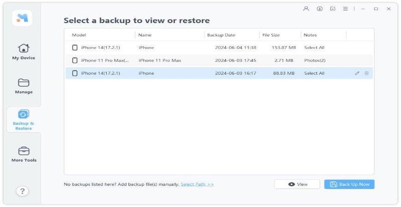Select files, then restore or export