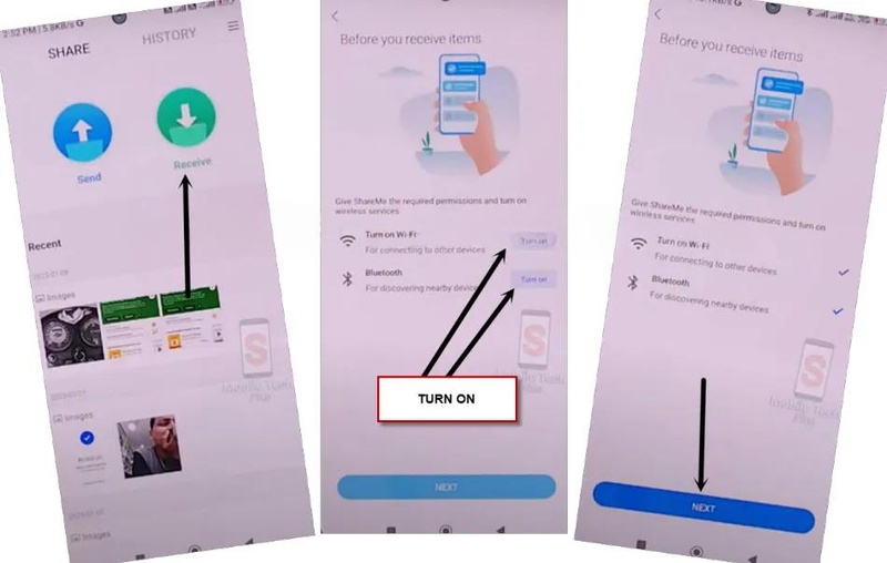 Open ShareMe, grant permissions, tap Receive