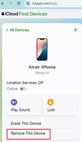إزالة الجهاز من معرف Apple