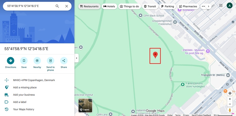 Map shows coordinates