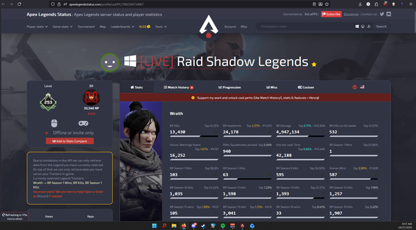 Ea server status page screenshot for Apex Legends