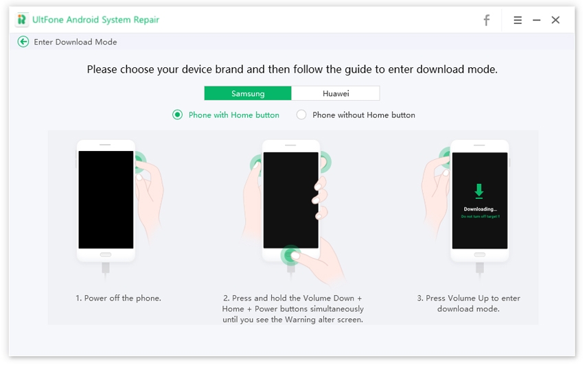 ホームボタンを使って、samsungのダウンロードモードに切り替える