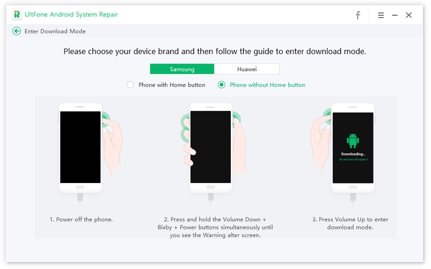 Entrar en el modo de descarga en Samsung sin el botón de inicio