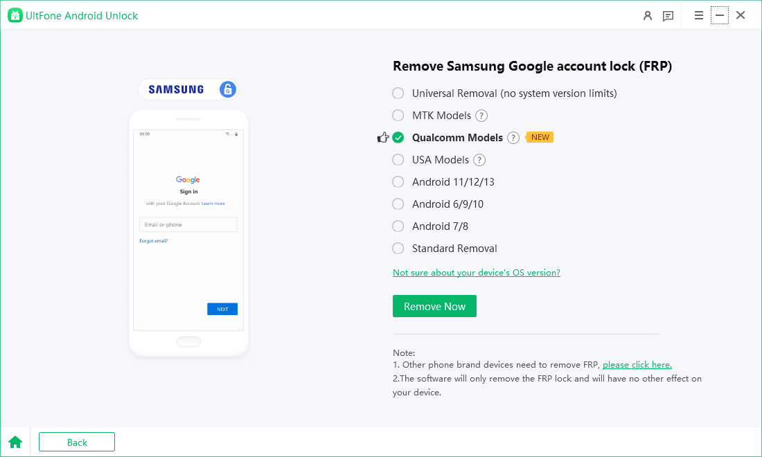 choose Qualcomm Models, and tap Remove Now