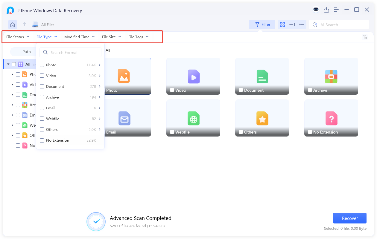 filter the files for recovery