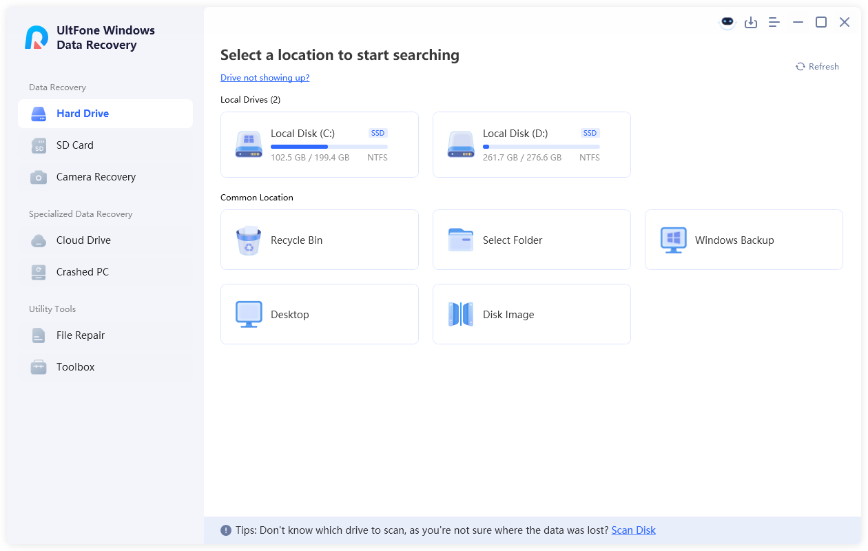 ultfone windows data recovery interface