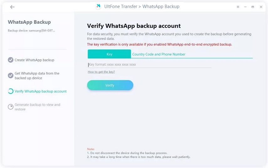 verify whatsapp account by entering key