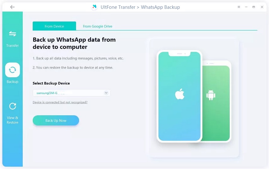 selecione o dispositivo Android para fazer backup dos bate-papos do whatsapp