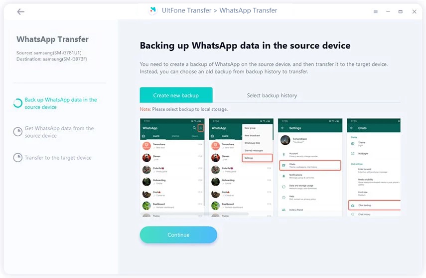 backup whatsapp on source device before transfer