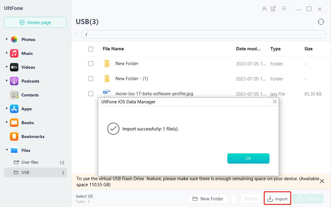 import files to the virtual USB drive