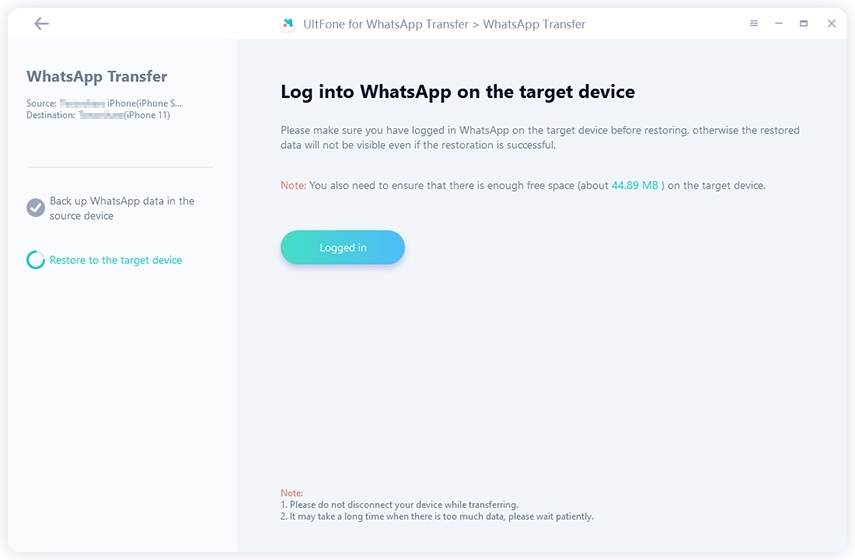 faça login no whatsapp no dispositivo de destino antes de transferir