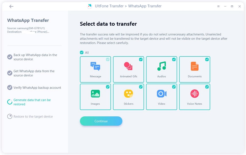 select types of whatsapp data to transfer
