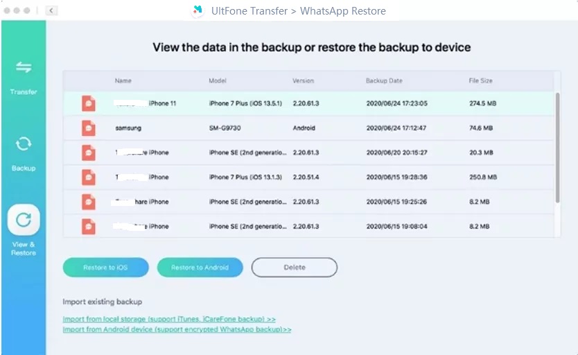 select backup file to restore
