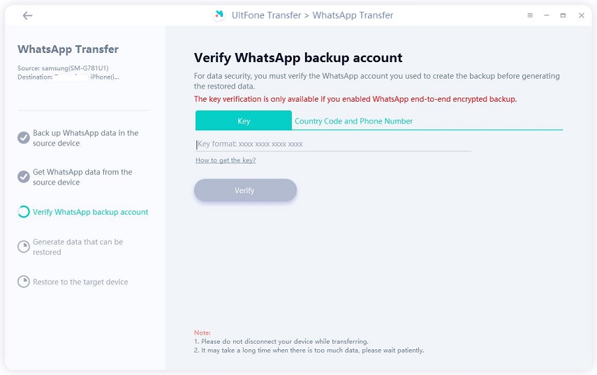 verify whatsapp account with a 64 digit key