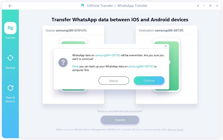 whatsapp transfer will overwrite the existing data in the target device