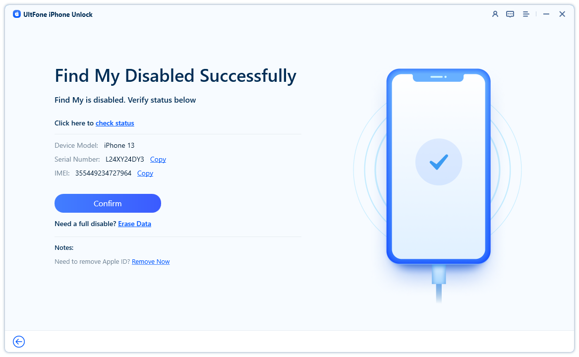 Status von Mein iPhone suchen bestätigen